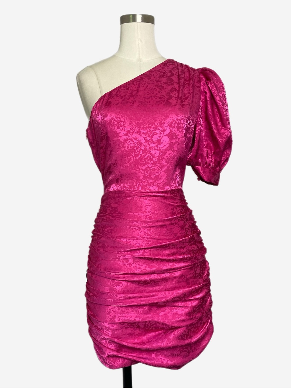 Ronny Kobo pink Nadia floral jacquard one shoulder puff sleeve mini dress XS/S